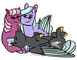 Size: 1063x827 | Tagged: safe, artist:lieutenantcactus, artist:polyquestria, derpibooru import, cheerilee, flitter, thunderlane, pony, bisexual, female, flitterlane, male, on back, polyamory, shipping, straight, tongue out