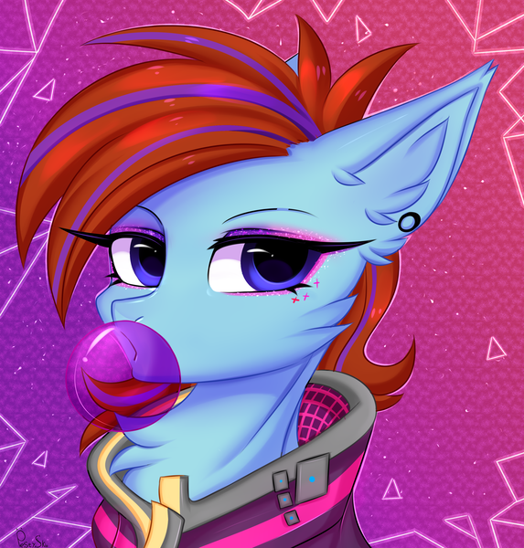 Size: 2840x2976 | Tagged: safe, artist:pesty_skillengton, derpibooru import, oc, pony, bubblegum, bust, clothes, cyberpunk, female, food, gum, mare, portrait, solo