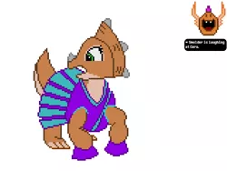 Size: 640x480 | Tagged: 2 4 6 greaaat, artist:derek the metagamer, aseprite, barely pony related, cera, cheerleader, cheerleader outfit, clothes, crossover, derpibooru import, dinosaur, don bluth, laughing, obligatory pony, pixel art, safe, simple background, smolder, the land before time, triceratops, white background