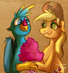 Size: 1044x1128 | Tagged: safe, artist:jamescorck, derpibooru import, applejack, gallus, earth pony, gryphon, pony, cotton candy, crack shipping, female, galljack, holding hooves, male, older, older gallus, shipping, snickering, straight, wings