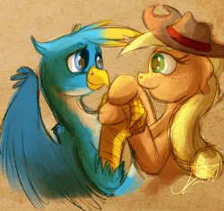 Size: 1014x952 | Tagged: safe, artist:jamescorck, derpibooru import, applejack, gallus, earth pony, gryphon, pony, crack shipping, female, galljack, hat, holding hooves, looking at each other, male, older, older gallus, shipping, straight, wings