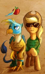 Size: 1126x1862 | Tagged: safe, artist:jamescorck, derpibooru import, applejack, gallus, earth pony, gryphon, pony, apple, clothes, crack shipping, feather, female, food, galljack, hat, male, older, older gallus, shipping, shirt, smug, straight, sunglasses, wings