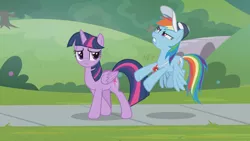 Size: 1366x768 | Tagged: safe, derpibooru import, screencap, rainbow dash, twilight sparkle, twilight sparkle (alicorn), alicorn, pegasus, pony, 2 4 6 greaaat, cap, duo, female, flying, hat, mare, sidewalk, upset, walking, whistle