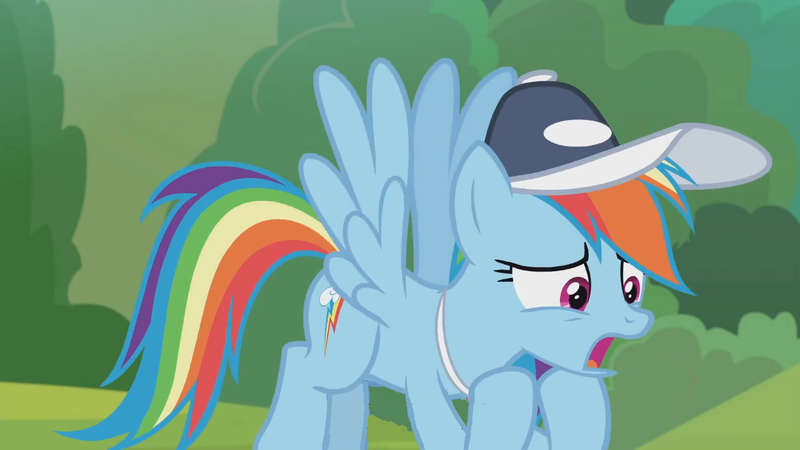 Size: 1366x768 | Tagged: safe, derpibooru import, screencap, rainbow dash, pony, 2 4 6 greaaat, cap, hat, outdoors, solo, whistle, worried