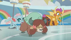 Size: 1366x768 | Tagged: 2 4 6 greaaat, bow, bucket, changedling, changeling, cloven hooves, derpibooru import, dragon, dragoness, earthquake, excited, female, gym, hair bow, jumping, monkey swings, ocellus, pole, rainbow, safe, screencap, smolder, trio, yak, yona