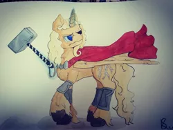 Size: 4096x3072 | Tagged: safe, artist:ardilya, derpibooru import, alicorn, pony, fanart, hammer, solo, thor, thunder, traditional art