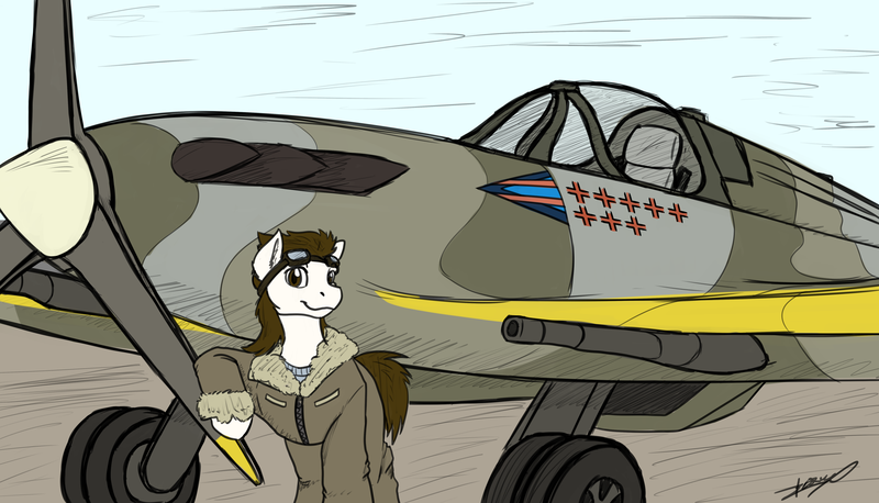 Size: 5760x3300 | Tagged: safe, artist:xeirla, derpibooru import, oc, oc:rough seas, earth pony, pony, clothes, goggles, jacket, kill mark, raf, royal air force, solo, supermarine spitfire, world war ii