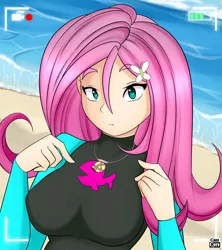 Size: 4000x4500 | Tagged: safe, artist:caoscore, derpibooru import, fluttershy, bat pony, human, equestria girls, beach, breasts, busty fluttershy, camcorder, camera, cute, female, flutterbat, geode of fauna, magical geodes, race swap, shyabetes, solo, wetsuit