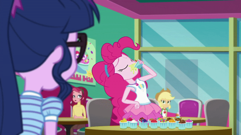 Size: 800x450 | Tagged: safe, derpibooru import, screencap, applejack, pinkie pie, sci-twi, twilight sparkle, equestria girls, equestria girls series, tip toppings, tip toppings: twilight sparkle, spoiler:eqg series (season 2), animated, background human, chair, cup, drinking, frozen yogurt, geode of sugar bombs, geode of telekinesis, gif, glasses, laughing, licking, licking lips, looking at someone, magical geodes, messy, messy eating, table, tongue out, toppings