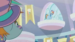 Size: 1364x766 | Tagged: safe, derpibooru import, screencap, rainbow dash, snips, pony, 2 4 6 greaaat, banner, butt, cap, face paint, flag, hat, looking up, plot, rainbow dash's cutie mark, top hat, whistle, window