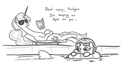 Size: 1030x563 | Tagged: artist:jargon scott, book, cutie mark, derpibooru import, dialogue, life preserver, monochrome, on back, princess celestia, safe, shark, sunglasses, sunscreen, swimming pool, this will end in death, this will end in tears, this will end in tears and/or death, twiggie, twilight sparkle, water
