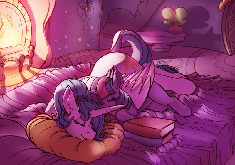 Size: 4096x2875 | Tagged: safe, artist:chromaskunk, artist:yoditax, derpibooru import, princess celestia, twilight sparkle, twilight sparkle (alicorn), alicorn, pony, alternate hairstyle, book, cuddling, cute, cutelestia, daaaaaaaaaaaw, dawwww, duo, eyes closed, female, fireplace, hair bun, lying down, mare, momlestia, pillow, sleeping, smiling, twiabetes