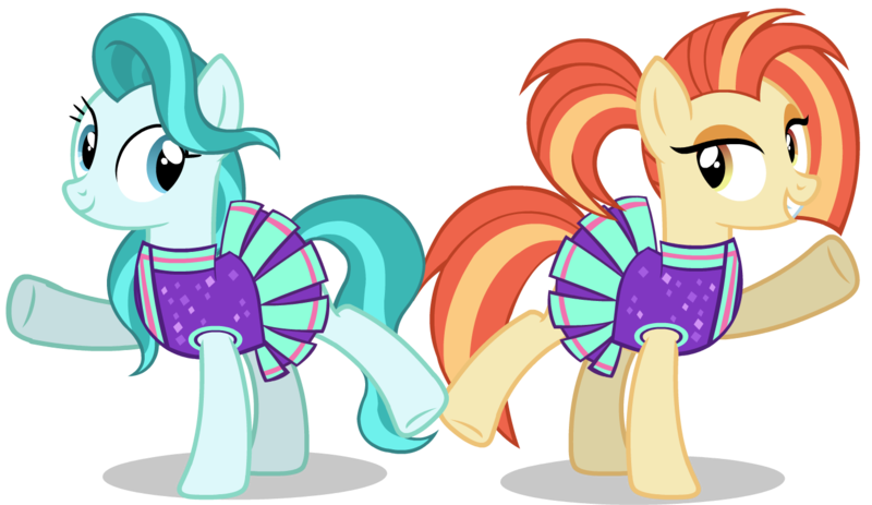 Size: 1387x802 | Tagged: safe, artist:raindashesp, derpibooru import, lighthoof, shimmy shake, earth pony, pony, 2 4 6 greaaat, cheerleader outfit, clothes, cute, duo, female, mare, pleated skirt, ponytail, raised hoof, simple background, skirt, transparent background