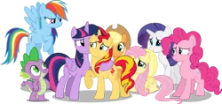 Size: 1024x485 | Tagged: safe, artist:shutterflyeqd, derpibooru import, applejack, fluttershy, pinkie pie, rainbow dash, rarity, spike, sunset shimmer, twilight sparkle, twilight sparkle (alicorn), ponified, alicorn, dragon, earth pony, pegasus, pony, unicorn, equestria girls, cute, female, hug, male, mane seven, mane six, mare, simple background, stock vector, transparent background, vector