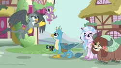 Size: 1334x750 | Tagged: safe, derpibooru import, screencap, gabby, gallus, silverstream, spike, yona, dragon, gryphon, hippogriff, yak, dragon dropped, bag, camera, cute, diastreamies, female, flying, gabbybetes, gallabetes, male, saddle bag, shipping fuel, wide eyes, winged spike, wings, yonadorable