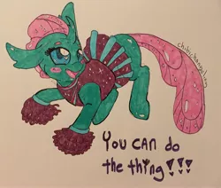 Size: 3569x3024 | Tagged: 2 4 6 greaaat, artist:chibichangeling, changedling, changeling, cheerleader, derpibooru import, ocellus, off color, precious cinnamon bun, reformed, safe, solo, text