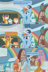 Size: 1366x2056 | Tagged: safe, derpibooru import, edit, edited screencap, screencap, lighthoof, ocellus, rainbow dash, shimmy shake, smolder, yona, changedling, changeling, dragon, earth pony, pegasus, pony, yak, 2 4 6 greaaat, ball, baseball cap, blindfold, blindfolded, cabinet, cap, clothes, cloud, coach rainbow dash, comic, dialogue, door, dragoness, female, flying, giving up, gym, hat, mare, pleated skirt, ponytail, rainbow, screencap comic, skirt, speech bubble, trophy, whistle