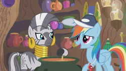 Size: 1366x768 | Tagged: 2 4 6 greaaat, candle, cap, cauldron, derpibooru import, ear piercing, earring, female, hat, jewelry, jug, mare, neck rings, piercing, quadrupedal, rainbow dash, safe, screencap, shelf, vessel, whistle, zebra, zecora, zecora's hut