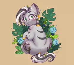 Size: 2500x2201 | Tagged: safe, artist:amishy, derpibooru import, oc, oc:verdant flora, unofficial characters only, zebra, crouching, ear fluff, ear piercing, earring, female, flower, image, jewelry, looking at you, looking back, looking back at you, mare, piercing, png, quadrupedal, shoulder fluff, simple background, sitting, solo, surprised, zebra oc