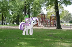 Size: 641x418 | Tagged: safe, derpibooru import, edit, editor:undeadponysoldier, spike, twilight velvet, dragon, pony, unicorn, adopted offspring, bench, cute, dragons in real life, dragons riding ponies, female, happy, irl, like mother like son, male, mother and child, mother and son, park, photo, playground, ponies in real life, ride, rider, riding, slide, spike's family, spike's parents, spikelove, swing set, tree