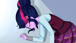 Size: 1600x900 | Tagged: safe, artist:electricshine, derpibooru import, sci-twi, twilight sparkle, series:within the shadows, equestria girls, friendship games, clothes, crystal prep academy uniform, fainted, laying on floor, school uniform, solo