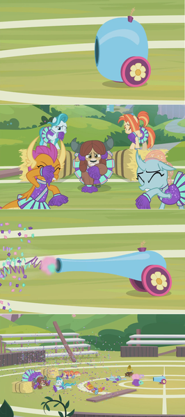 Size: 1362x3068 | Tagged: 2 4 6 greaaat, blast, bleachers, cheerleader, cheerleader ocellus, cheerleader outfit, cheerleader smolder, cheerleader yona, clothes, comic, confetti, derpibooru import, edit, edited screencap, fail, fence, field, gramophone, injured, lighthoof, ocellus, outdoors, party cannon, plank, planks, pleated skirt, pom pom, ponytail, safe, screencap, screencap comic, shimmy shake, skirt, smolder, yona