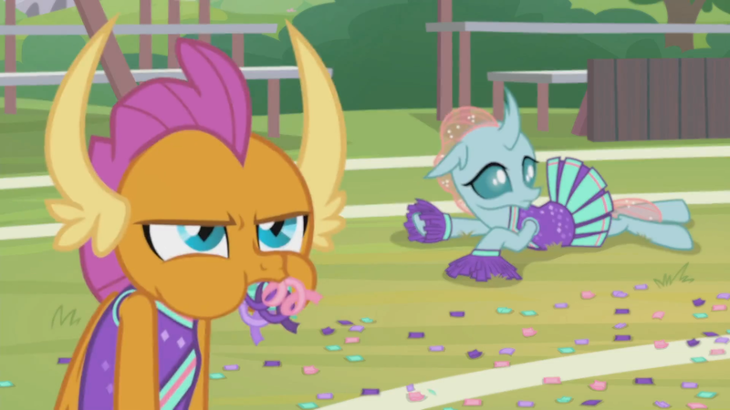 Size: 1366x768 | Tagged: 2 4 6 greaaat, cheerleader, cheerleader ocellus, cheerleader outfit, cheerleader smolder, clothes, confetti, derpibooru import, field, humiliated, mouthfull, ocellus, outdoors, pleated skirt, pom pom, safe, screencap, skirt, skirt lift, smolder, upset