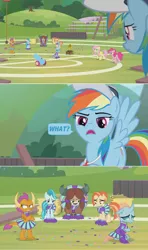 Size: 1360x2300 | Tagged: 2 4 6 greaaat, angry, bleachers, cap, cheerleader, cheerleader ocellus, cheerleader outfit, cheerleader smolder, cheerleader yona, clothes, comic, confetti, derpibooru import, disappointed, edit, edited screencap, fence, field, fluttershy, frustrated, hat, hay, hay bale, indifferent, insensitivity, lighthoof, ocellus, party cannon, pinkie pie, plank, pom pom, rainbow dash, rainbow douche, sad, safe, screencap, screencap comic, shimmy shake, skirt, smolder, upset, whistle, yona