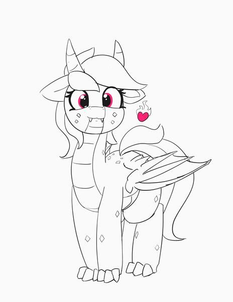 Size: 3071x3975 | Tagged: safe, artist:pabbley, derpibooru import, rainbow dash, dracony, dragon, hybrid, pony, dragonified, fangs, female, floppy ears, heart, looking at you, monochrome, neo noir, partial color, rainbow dragon, simple background, smiling, solo, species swap, white background