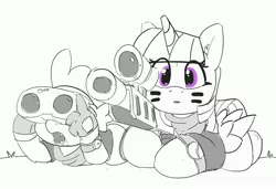 Size: 4094x2801 | Tagged: safe, artist:pabbley, derpibooru import, spike, twilight sparkle, twilight sparkle (alicorn), alicorn, dragon, pony, binoculars, clothes, duo, fangs, female, gloves, gun, lying down, male, mare, monochrome, neo noir, open mouth, partial color, rifle, sniper, sniper and spotter, sniper rifle, spotter, watch, weapon