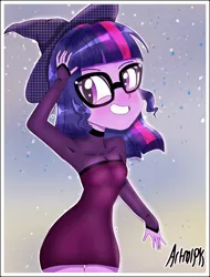 Size: 1800x2374 | Tagged: safe, artist:artmlpk, derpibooru import, sci-twi, twilight sparkle, equestria girls, alternate hairstyle, armpits, blushing, clothes, costume, cute, design, female, halloween, halloween costume, hat, holiday, looking at you, short hair, solo, twiabetes, witch costume, witch hat