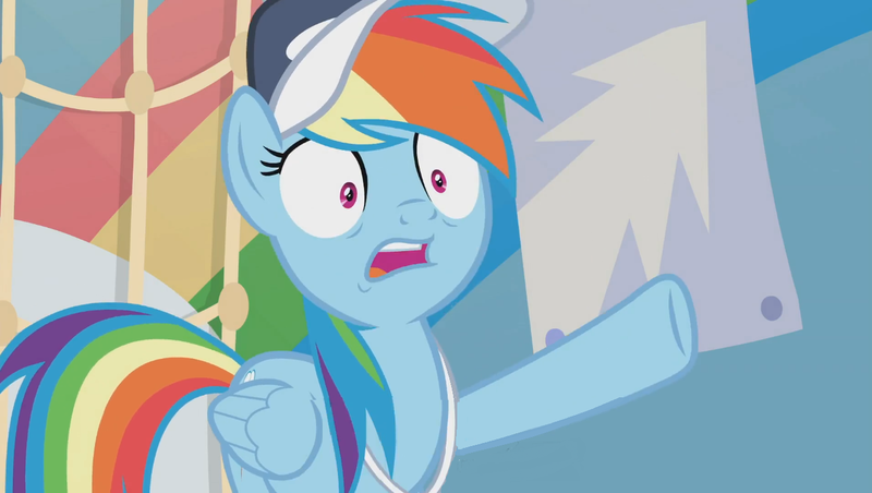 Size: 1360x768 | Tagged: safe, derpibooru import, screencap, rainbow dash, pony, 2 4 6 greaaat, cap, hat, raised hoof, shocked