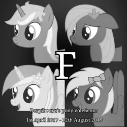 Size: 720x720 | Tagged: safe, artist:joey, derpibooru import, edit, oc, oc:comment, oc:downvote, oc:favourite, oc:upvote, ponified, unofficial characters only, pony, derpibooru, black and white, derpibooru ponified, f, grayscale, meta, monochrome, press f to pay respects, text