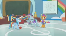 Size: 1364x766 | Tagged: safe, derpibooru import, screencap, ocellus, rainbow dash, smolder, snips, changedling, changeling, dragon, pegasus, pony, 2 4 6 greaaat, angry, ball, baseball cap, bucktooth, cap, chalkboard, cheerleader, cheerleader ocellus, cheerleader outfit, cheerleader smolder, chest, claws, clenched teeth, clothes, coach rainbow dash, colt, curved horn, dragoness, eyes closed, face paint, female, flag, folded wings, gym, hat, horn, horns, humiliated, male, mare, pleated skirt, rainbow, skirt, surprised, teacher and student, teenaged dragon, teenager, toes, top hat, upset, whistle, whistle necklace, wings