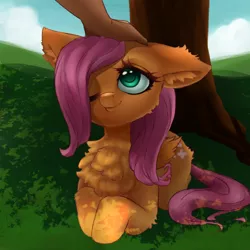 Size: 1200x1200 | Tagged: safe, artist:dasai, derpibooru import, fluttershy, pegasus, pony, chest fluff, cute, dappled sunlight, ear fluff, female, floppy ears, fluffy, folded wings, hand, head pat, looking up, mare, nature, offscreen character, offscreen human, one eye closed, outdoors, pat, petting, prone, shyabetes, smiling, solo, three quarter view, tree, under the tree, wings