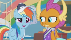 Size: 1360x766 | Tagged: safe, derpibooru import, screencap, rainbow dash, smolder, dragon, pegasus, pony, 2 4 6 greaaat, cap, cheerleader, cheerleader outfit, cheerleader smolder, clothes, coach, coach rainbow dash, dragoness, duo, female, folded wings, frown, hat, horns, indifferent, insensitivity, mare, not cool, open mouth, raised eyebrow, smiling, smolder is not amused, teacher and student, teenaged dragon, teenager, unamused, whistle, wings