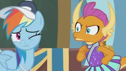 Size: 1366x768 | Tagged: safe, derpibooru import, screencap, rainbow dash, smolder, dragon, pegasus, pony, 2 4 6 greaaat, angry, banner, cheerleader outfit, cheerleader smolder, clothes, coach rainbow dash, coaching cap, dragoness, duo, female, folded wings, frown, hand on hip, horns, image, mare, multicolored mane, one eye closed, pleated skirt, png, pointing at self, rant, skirt, slit eyes, smolder is not amused, teacher and student, teenaged dragon, teenager, unamused, whistle, whistle necklace, wince, wings, yelling