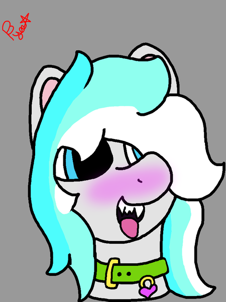 Size: 720x960 | Tagged: questionable, artist:snowbuttnsfw, derpibooru import, oc, oc:frostyee, pony, blushing, collar, cute, hair over one eye, male, open mouth, sharp teeth, simple background, solo, stallion, teeth, watermark