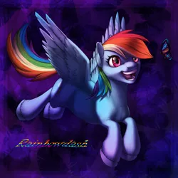 Size: 1200x1200 | Tagged: safe, artist:whitespades, derpibooru import, rainbow dash, butterfly, pegasus, pony, abstract background, cutie mark, female, flying, happy, mare, open mouth, solo