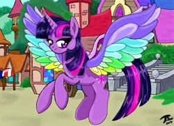 Size: 2761x2012 | Tagged: safe, artist:brekrofmadness, derpibooru import, twilight sparkle, twilight sparkle (alicorn), alicorn, pony, rainbow roadtrip, colored wings, multicolored wings, rainbow wings, solo, wing bling, wings