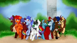 Size: 1196x668 | Tagged: safe, artist:firepetalfox, derpibooru import, oc, oc:aeon of dreams, oc:cellistalunarda, oc:eliyora, oc:goldenfox, oc:keychi, oc:lightning bliss, oc:mad munchkin, oc:solar flare, oc:thespio, alicorn, earth pony, kirin, pegasus, pony, unicorn