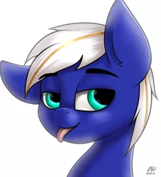 Size: 2182x2401 | Tagged: safe, artist:azerta56, derpibooru import, oc, oc:electric blue, pony, absurd resolution, kitchen eyes, male, simple background, smug, solo, tongue out