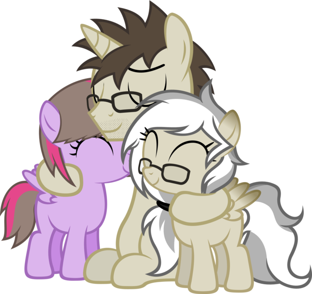Size: 1814x1706 | Tagged: safe, artist:zacatron94, derpibooru import, oc, oc:artistic treasure, oc:blank novel, oc:captain white, oc:fantasy sparks, unofficial characters only, pegasus, pony, unicorn, female, filly, glasses, hug, male, oc x oc, parent:oc:blank novel, parent:oc:captain white, parents:oc x oc, parents:whitenovel, shipping, simple background, stallion, straight, transparent background, vector, whitenovel