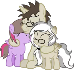 Size: 1814x1706 | Tagged: safe, artist:zacatron94, derpibooru import, oc, oc:artistic treasure, oc:blank novel, oc:captain white, oc:fantasy sparks, unofficial characters only, pegasus, pony, unicorn, female, filly, glasses, hug, male, oc x oc, parent:oc:blank novel, parent:oc:captain white, parents:oc x oc, parents:whitenovel, shipping, simple background, stallion, straight, transparent background, vector, whitenovel