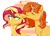 Size: 3356x2392 | Tagged: safe, artist:riyatyan, artist:sparkling_light, derpibooru import, sunset shimmer, oc, oc:cinderheart, pony, unicorn, abstract background, annoyed, base used, biting, canon x oc, commission, cross-popping veins, ear bite, female, high res, image, mare, png, this will not end well, ych result