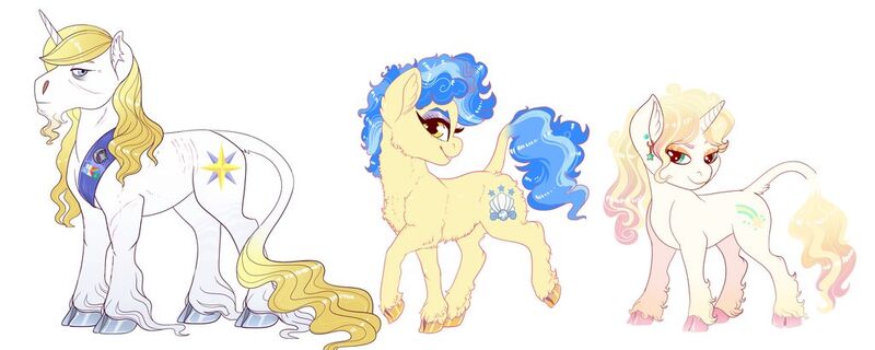 Size: 1024x410 | Tagged: safe, artist:loryska, derpibooru import, prince blueblood, sapphire shores, oc, oc:marshmallow kiss, pony, unicorn, cloven hooves, female, mare, offspring, parent:prince blueblood, parent:sapphire shores, parents:blueshores, simple background, white background