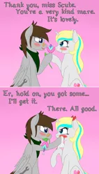 Size: 500x878 | Tagged: safe, artist:phoenixswift, derpibooru import, oc, oc:fuselight, oc:scute, pegasus, pony, unicorn, ask fuselight, ask, blushing, blushing ears, ear blush, female, flower, male, mare, mouth hold, stallion, tumblr