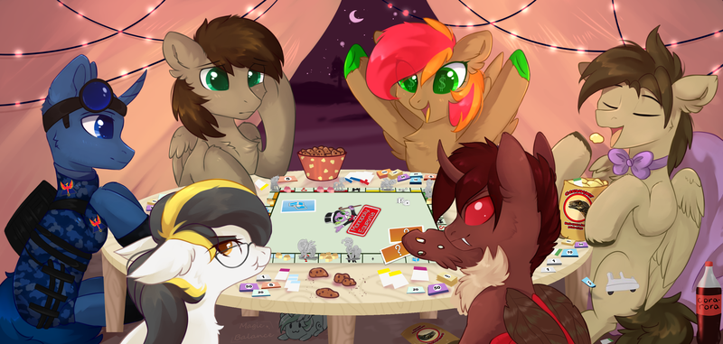 Size: 3108x1479 | Tagged: safe, artist:magicbalance, derpibooru import, oc, oc:elemental balance, oc:flint, oc:red flux, oc:zealous stripes, unofficial characters only, changeling, earth pony, original species, pony, unicorn, changeling oc, commission, monopoly, red changeling