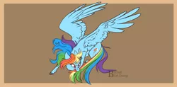 Size: 1600x786 | Tagged: safe, artist:bbru4r, derpibooru import, rainbow dash, pegasus, pony, behaving like a cat, biting, brown background, chasing own tail, cutie mark, female, large wings, mare, narrowed eyes, simple background, solo, spread wings, tail bite, wings