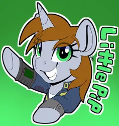 Size: 1944x2048 | Tagged: safe, artist:party__like, artist:partylikeanartist, derpibooru import, oc, oc:littlepip, unofficial characters only, pony, unicorn, fallout equestria, fanfic, absurd resolution, clothes, eye clipping through hair, fanfic art, female, gradient background, grin, hooves, horn, looking at you, mare, pipboy, pipbuck, smiling, solo, vault suit